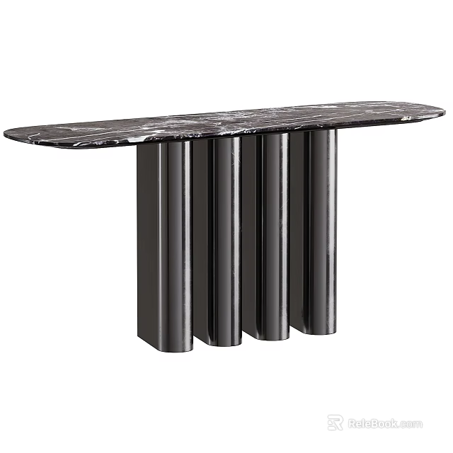 Sleek Modern Console Table With Marble Tabletop And Black Metal Cylindrical Legs 3d model 