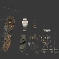 Collection of Various Traditional and Modern Water Vessels with Ships and Components