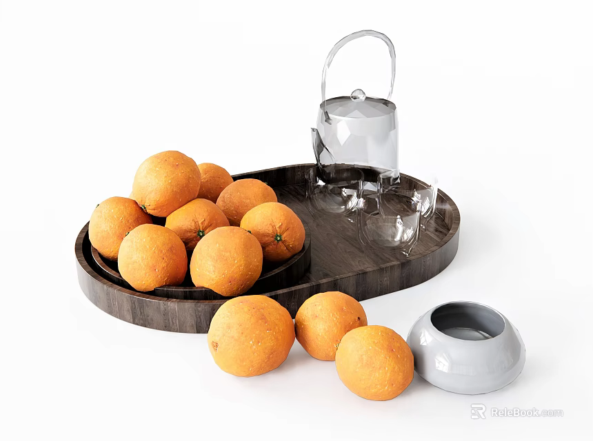 Fresh Oranges on Wooden Tray with Silver Kettle Glass Cups Gray Bowl and Extra Oranges 3d model 