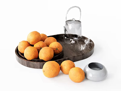 Fresh Oranges on Wooden Tray with Silver Kettle Glass Cups Gray Bowl and Extra Oranges 3d model