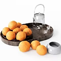 Fresh Oranges on Wooden Tray with Silver Kettle Glass Cups Gray Bowl and Extra Oranges