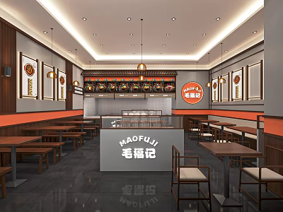 Bright Traditional Chinese Restaurant Interior With Wooden Tables Chairs And Decorative Paintings 3d model