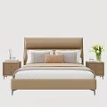 Modern Double Bed with Leather Headboard Gray Beige Pillows and Nightstands in Minimalist Bedroom