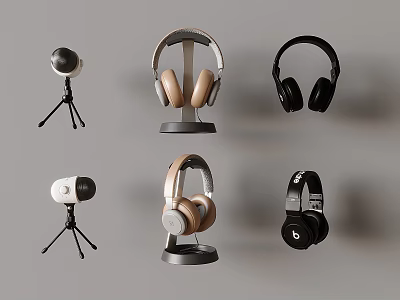 Various Headphones And Microphones With Stands In Different Colors And Styles 3d model
