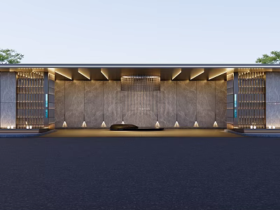 Modern Building Facade Featuring Stone Walls Grille Panels Ceiling Lights And Central Water Feature 3d model