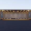 Modern Building Facade Featuring Stone Walls Grille Panels Ceiling Lights And Central Water Feature