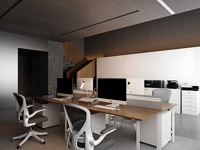 Modern Office Interior With Wooden Desks Computers Ergonomic Chairs And White Cabinets 3d model