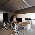 Modern Office Interior With Wooden Desks Computers Ergonomic Chairs And White Cabinets