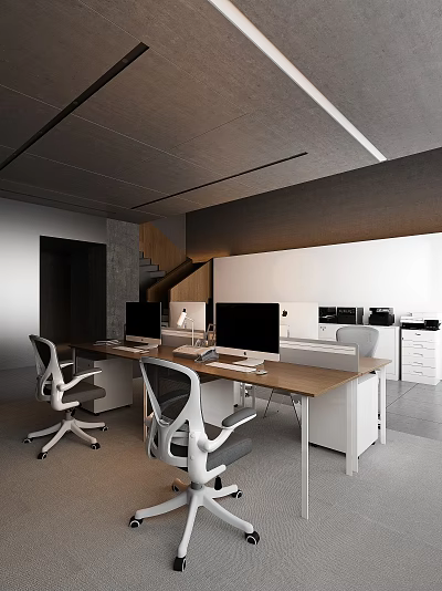 Modern Office Interior With Wooden Desks Computers Ergonomic Chairs And White Cabinets 3d model