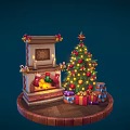 Festive Christmas Scene With Decorated Fireplace Burning Fire Christmas Stockings Tree And Gifts