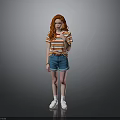Woman With Red Hair Wearing Striped T-Shirt Denim Shorts And White Shoes On Gray Background