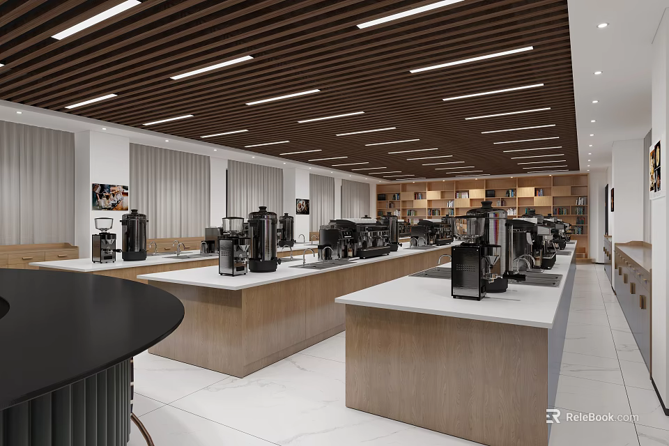Modern Coffee Training Room Interior With Espresso Machines And Wooden Ceiling 3d model 