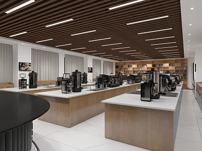 Modern Coffee Training Room Interior With Espresso Machines And Wooden Ceiling 3d model