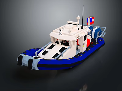 Blue And White Patrol Watercraft With Cockpit Flags And Reinforced Hull Structure 3d model