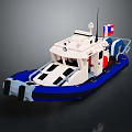 Blue And White Patrol Watercraft With Cockpit Flags And Reinforced Hull Structure