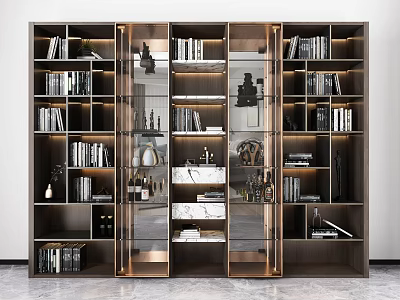 Modern Bookshelf with Mirror Doors Multiple Shelves Holding Books and Decorative Items 3d model