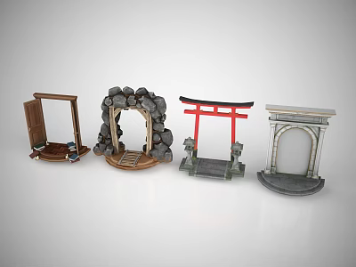 Diverse Design Entrance Gates Featuring Stone Arch Wooden Frame Torii And Classic Arch Models 3d model
