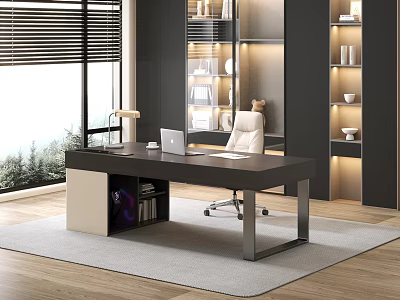 Dark Home Office Desk With Laptop White Chair Bookshelves And Window Blinds 3d model