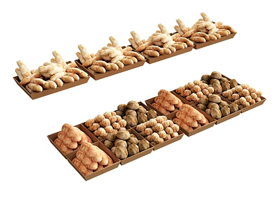 Different Types of Root Vegetables Like Potatoes and Ginger Arranged in Wooden Trays 3d model