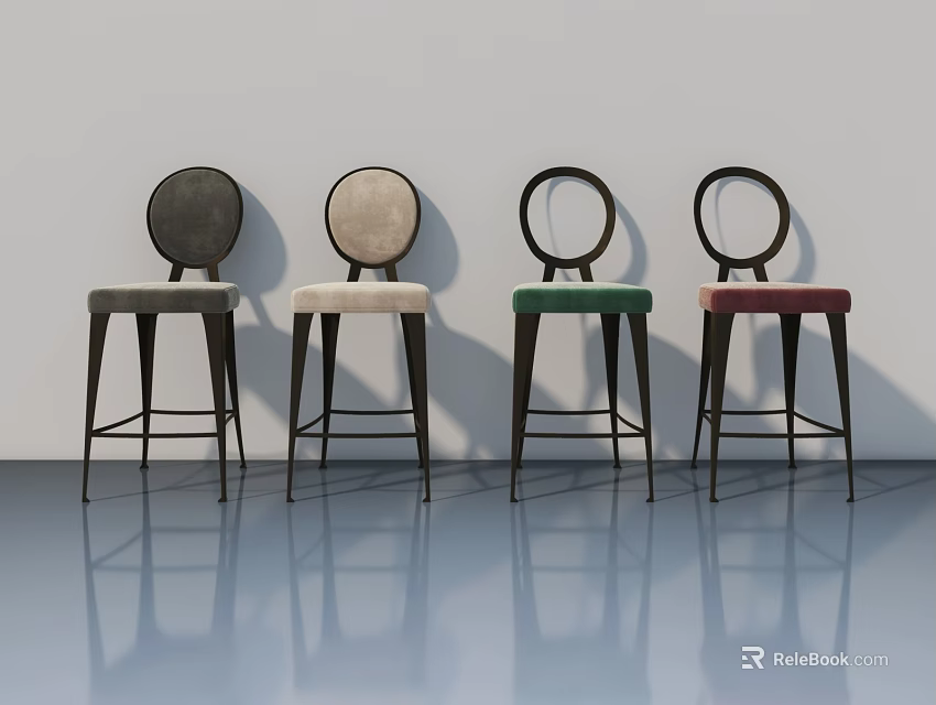 Four Modern Bar Stools With Various Colors And Back Designs On Sleek Floor 3d model 