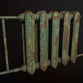 Old Rusty Green Radiator With Multiple Fins Metal Pipes And Valve