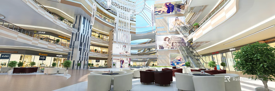Modern Multi Level Shopping Mall Lobby With Glass Ceiling Escalators Large Billboards And Seating Area 3d model 