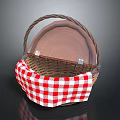 Woven Storage Basket With Handle Red White Checkered Lining And Wooden Lid