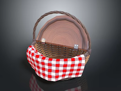 Woven Storage Basket With Handle Red White Checkered Lining And Wooden Lid 3d model