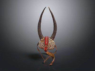Traditional Decorative Household Headdress With Long Horns And Intricate Red Gold Woven Details 3d model