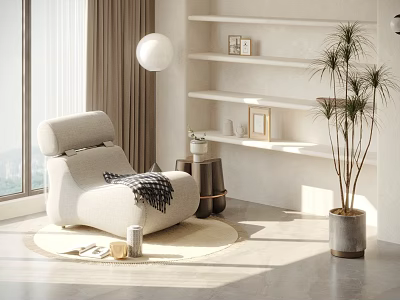 Modern Living Room With Single Seater Sofa Round Rug Shelves Floor Lamp And Potted Plant 3d model