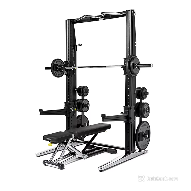 Home Fitness Power Rack with Barbell Weight Plates and Bench for Strength Training Workouts 3d model 