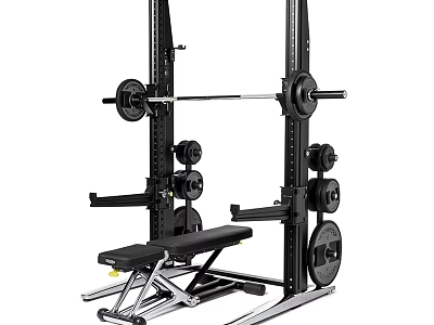 Home Fitness Power Rack with Barbell Weight Plates and Bench for Strength Training Workouts 3d model