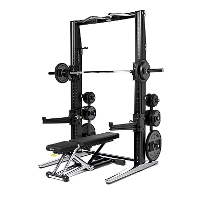 Home Fitness Power Rack with Barbell Weight Plates and Bench for Strength Training Workouts 3d model