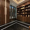 Elegant Liquor and Tobacco Store Interior With Wooden Shelves Central Display And Pink Floral Decoration