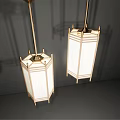Two Chinese Style Rectangular Chandeliers With White Shades And Wooden Frames Against Gray Background