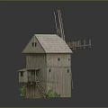 Wooden Windmill Building with Traditional Roof Stairs and Small Windows Surrounded by Green Plants