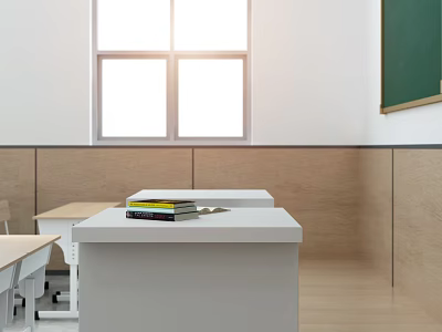 Functional Desk in Modern Classroom Setting with Stacked Books Near Window and Blackboard 3d model
