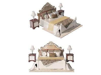 Elegant Classic Double Bed with Carved Headboard Pillows Throw Blanket Nightstands and Table Lamps 3d model