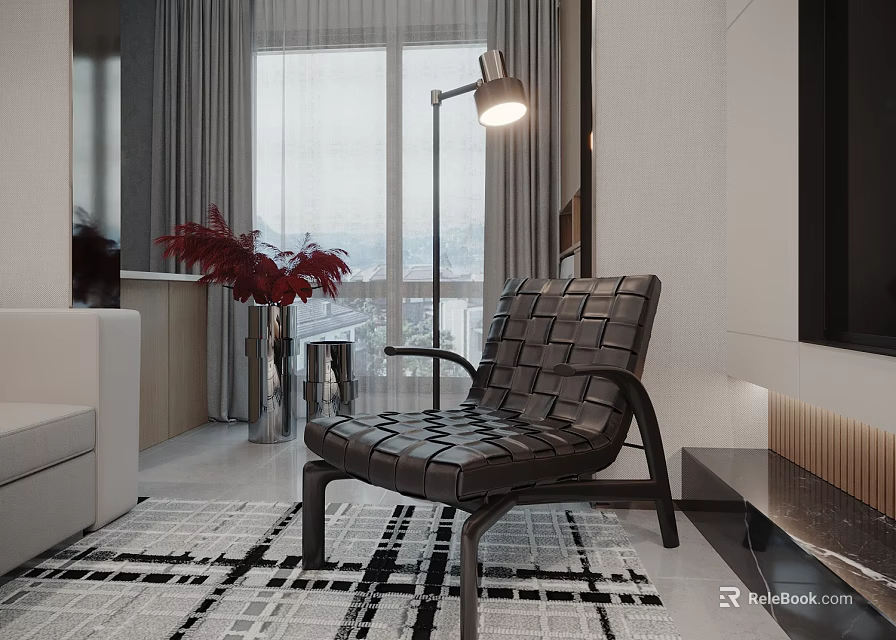 Modern Living Room Black Woven Single Sofa With Floor Lamp Checkered Rug And Red Plant 3d model 