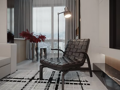 Modern Living Room Black Woven Single Sofa With Floor Lamp Checkered Rug And Red Plant 3d model