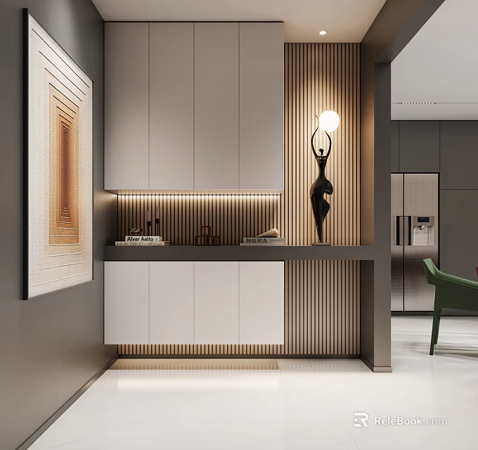 Modern Entryway Hallway Interior Design With Cabinets Wooden Panel Wall Sculpture And Lighting 3d model 