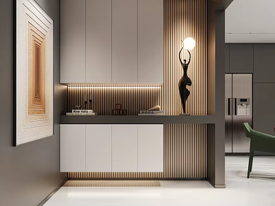 Modern Entryway Hallway Interior Design With Cabinets Wooden Panel Wall Sculpture And Lighting 3d model