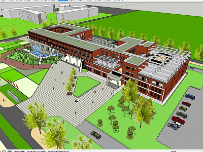 Modern Red Brick Campus Building Complex With Interconnected Structures Plaza Trees Fountain And Parking Lot 3d model