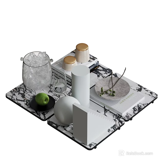Stylish Decorative Ornament Set with Marble Tray Glass Jar Gold Lids White Containers Green Plant 3d model 