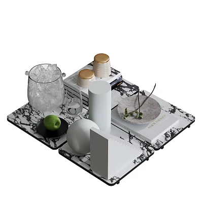 Stylish Decorative Ornament Set with Marble Tray Glass Jar Gold Lids White Containers Green Plant 3d model