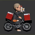 Man Riding Motorcycle Holding Tray With Condiment Bottle And Red Boxes On Sides