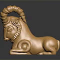 Golden Ram Sculpture With Spiral Horns In Reclining Pose On Dark Reflective Surface