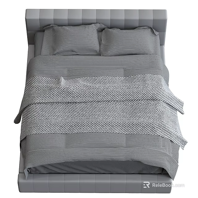 Modern Double Bed With Gray Striped Bedding And Soft Pillow Arrangement 3d model