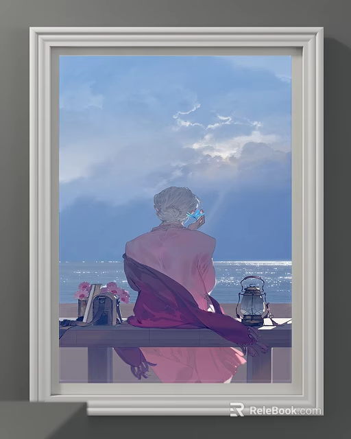 Portrait of White Haired Figure in Pink Garment by Window with Sea Lantern and Flowers 3d model 