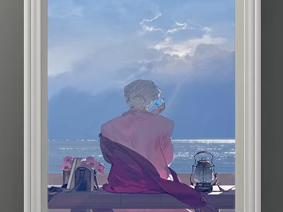 Portrait of White Haired Figure in Pink Garment by Window with Sea Lantern and Flowers 3d model